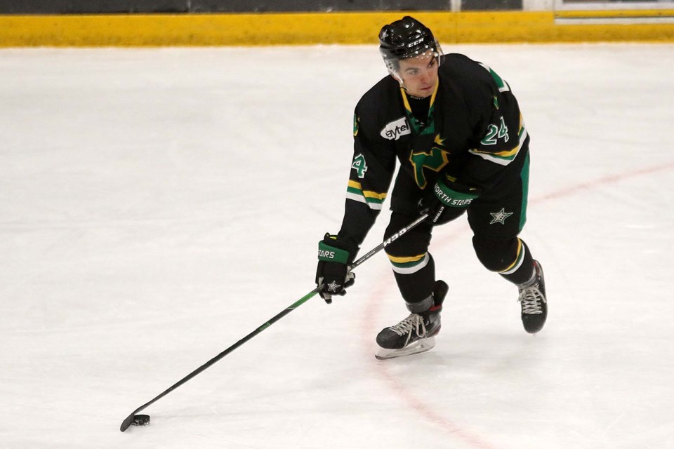 Cody Bruchkowski scored three times on Friday, March 6, 2020 to help lead the Thunder Bay North Stars to a 6-5 overtime win over the visiting Fort Frances Lakers (Leith Dunick, tbnewswatch.com)