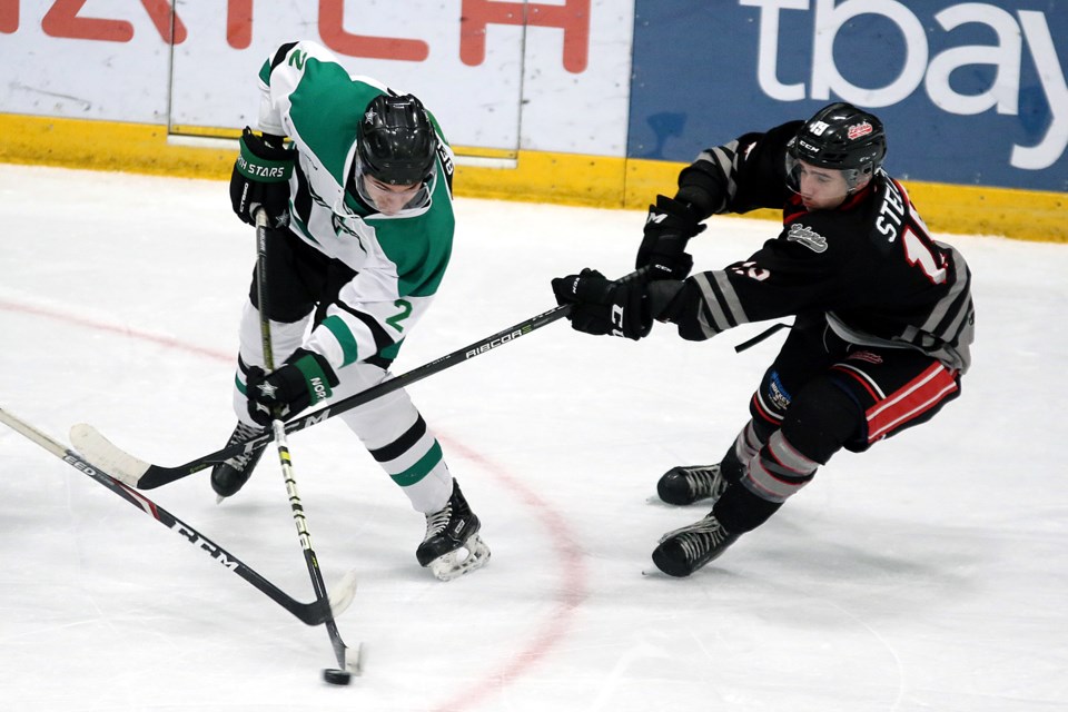 Kyler Belluz of the Thunder Bay North Stars takes a shot with Fort Frances' Stone Stelzl in pursuit on Saturday, Nov. 2, 2019 (Leith Dunick, tbnewswatch.com)