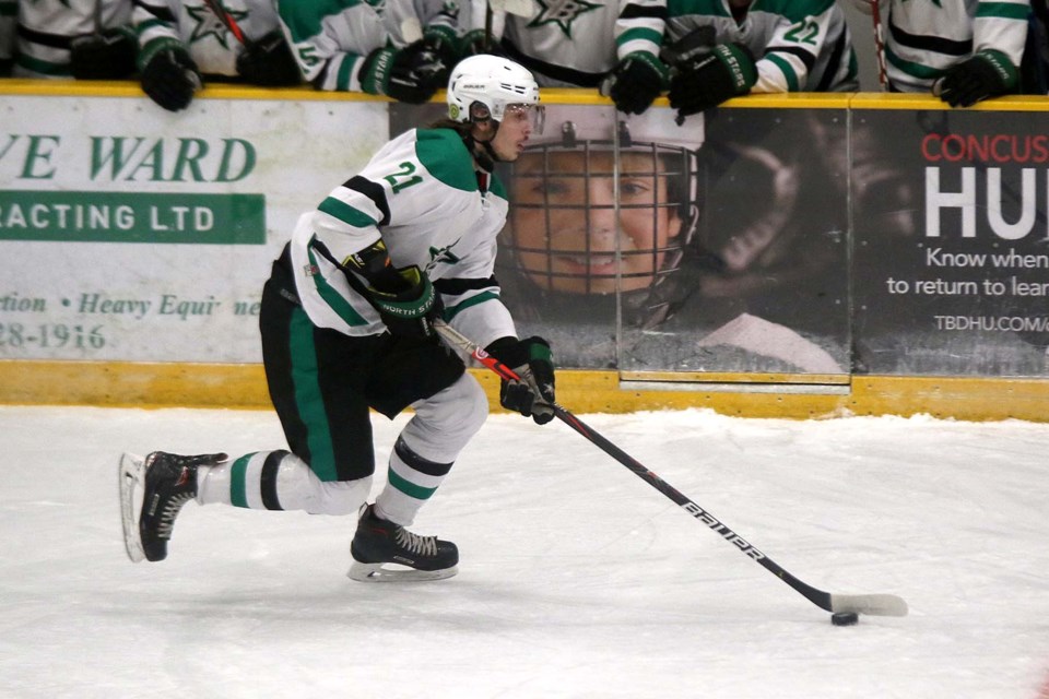 Thunder Bay North Stars forward Leeam Tivers scored twice on Friday, Dec. 4, 2020 to lead the team to a 7-3 win over the Kam River Fighting Walleye at Fort William Gardens. (Leith Dunick, tbnewswatch.com)