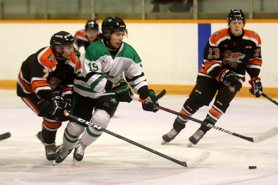 Kam River's Bryson Cataldo chases down Thunder Bay's Michael Veccho on Saurday, Nov. 14, 2020 at the Norwest Arena. (Leith Dunick, tbnewswatch.com)