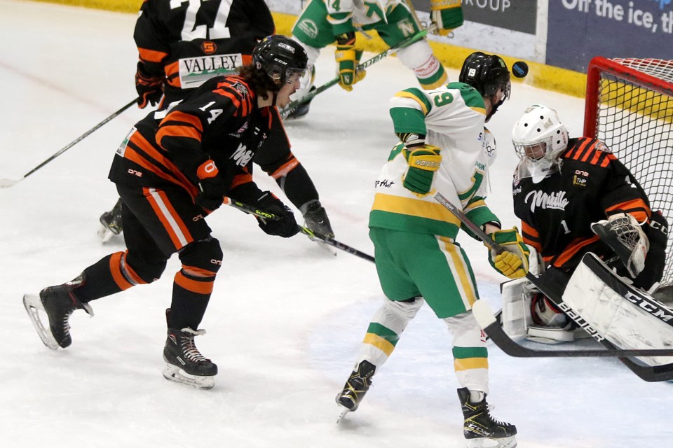 Trystan Goodman (left), faces at least a five-game suspension for a gross misconduct taken on Monday, April 11, 2022 in Game 4 of the Kam River Fighting Walleye's series clinching win over the Thunder Bay North Stars. (Leith Dunick, tbnewswatch.com)