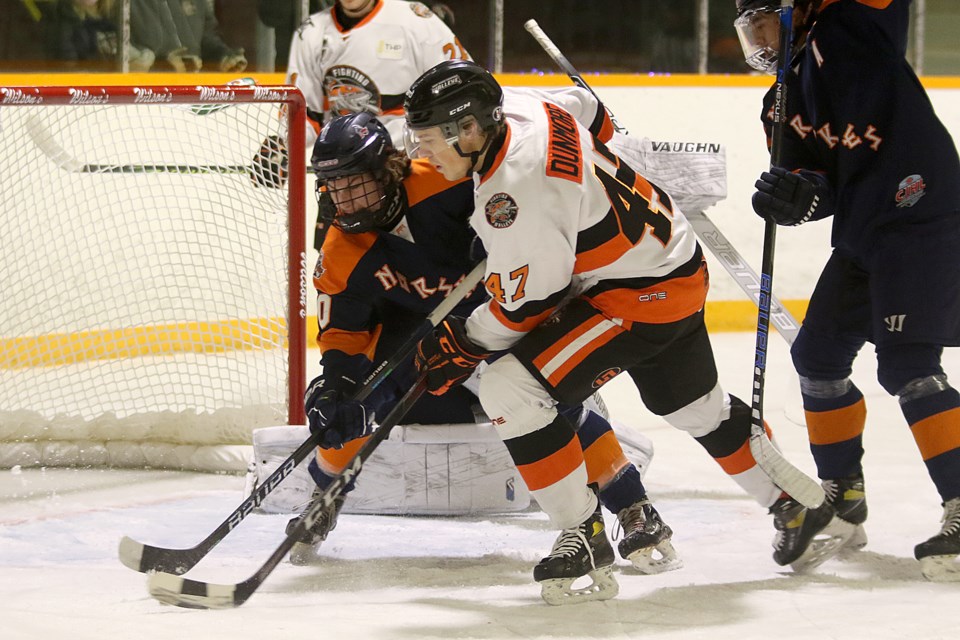 Jeremy Dunmore scores his first of the night against the Thief River Falls Norskies on Thursday, Dec. 2, 2021. (Leith Dunick, tbnewswatch.com)
