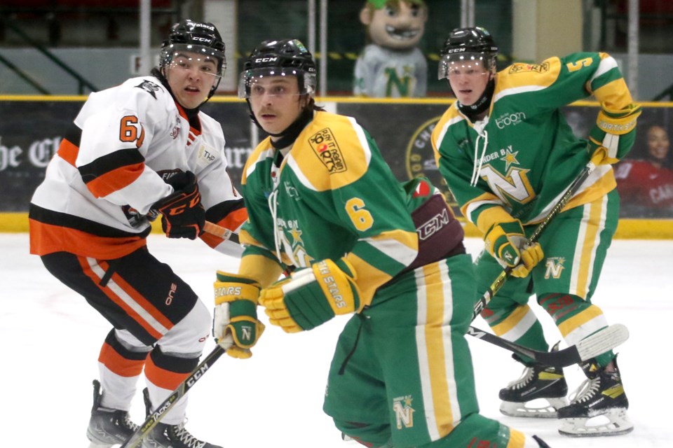 Thomas Young (6) on on Friday, March 25, 2022 scored his first goal in three SIJHL seasons, helping the Thunder Bay North Stars down the Kam River Fighting Walleye 5-2 at Fort William Gardens. (Leith Dunick, tbnewswatch.com)