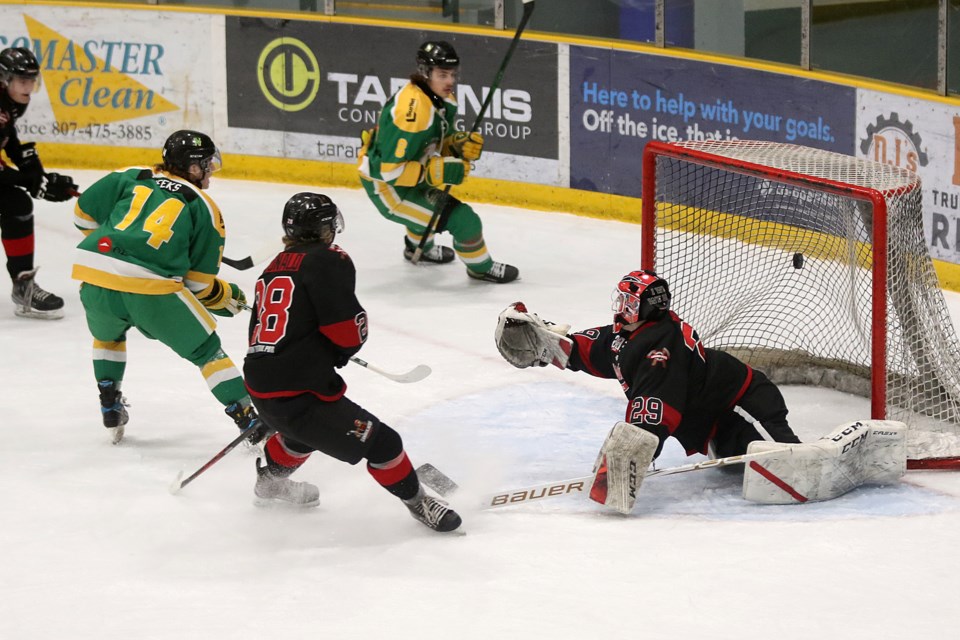 Edison Weeks scores the first goal for the Thunder Bay North Stars  on Tuesday, March 29, 2022, against the Wisconsin Lumberjacks in the playoff opener for both teams.  (Leith Dunick, tbnewswatch.com)