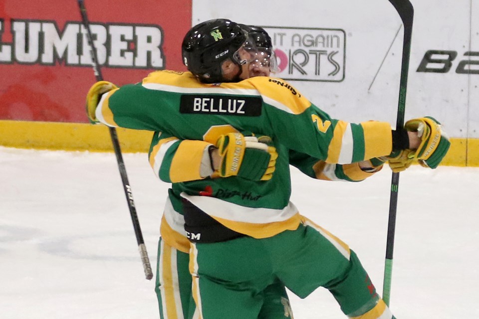 North Stars defenceman Kyler Belluz celebrates a goal against the Wisconsin Lumberjacks on Wednesday, March 30, 2022. (Leith Dunick, tbnewswatch.com)