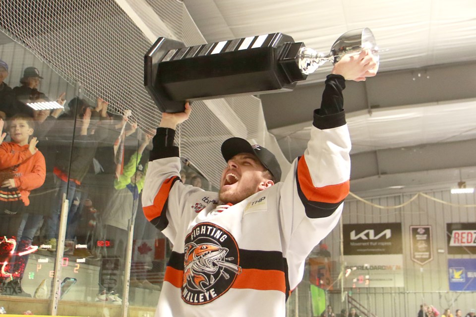 Jack Cook was named the SIJHL playoff MVP on Wednesday, May 3, 2023, after putting up 19 points in 12 games to help the Kam River Fighting Walleye win their first Bill Salonen Cup. (Leith Dunick, tbnewswatch.com)