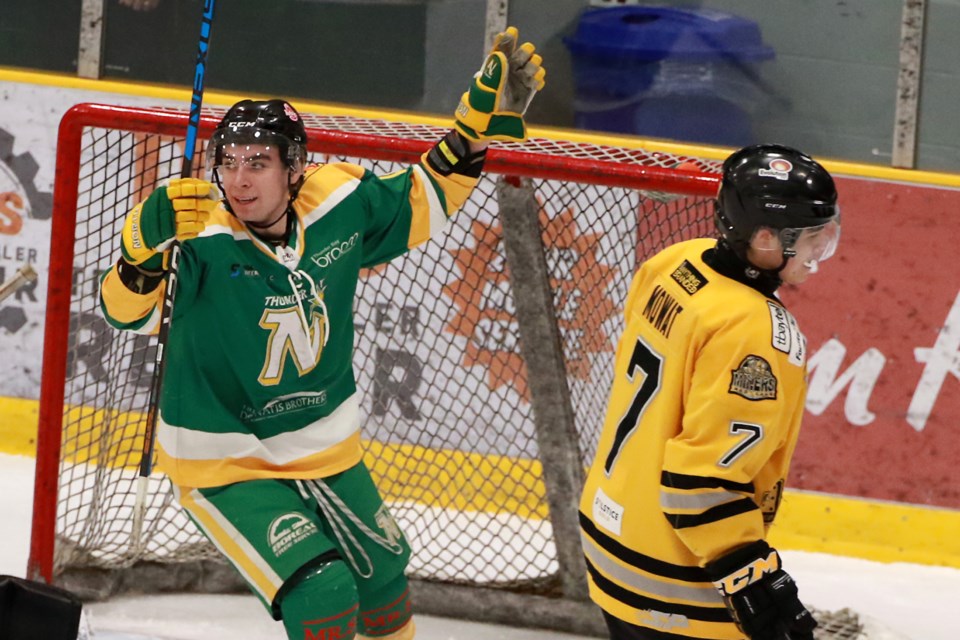 Thunder Bay's Edison Weeks celebrates a North Stars goal on Friday, Feb. 10, 2023, his team defeating the visiting Red Lake Miners 5-2 at Fort William Gardens. (Leith Dunick, tbnewswatch.com)