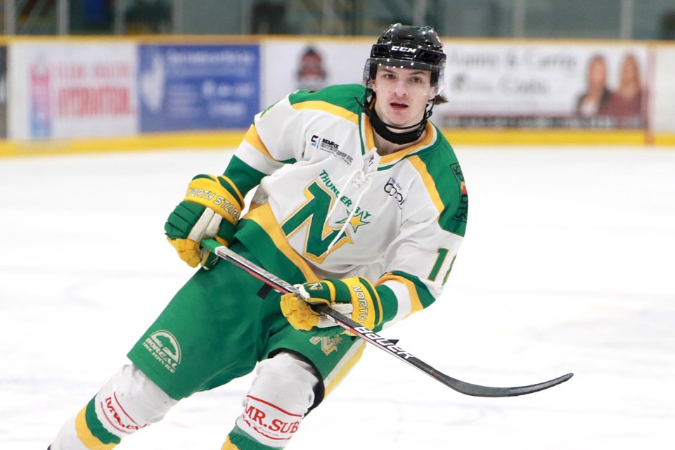 Thunder Bay forward Magnus Pearson scored twice on Thursday, March 23, 2023 to lead the North Stars to a 4-1 win over Red Lake at Fort William Gardens in Game 1 of their best-of-seven first-round playoff series. (Leith Dunick, tbnewswatch.com)
