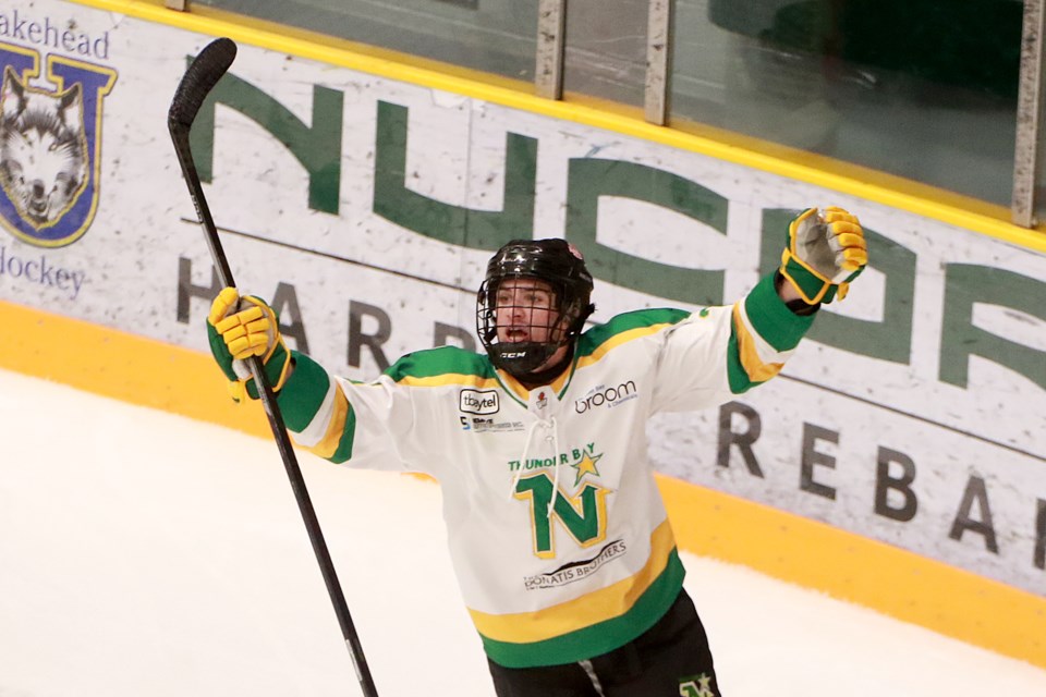Tyler Jordan celebrates what proved to be the game-winning goal in the Thunder Bay North Stars 5-4 victory over the visiting Sioux Lookout Bombers at Fort William Gardens. (Leith Dunick, tbnewswatch.com)