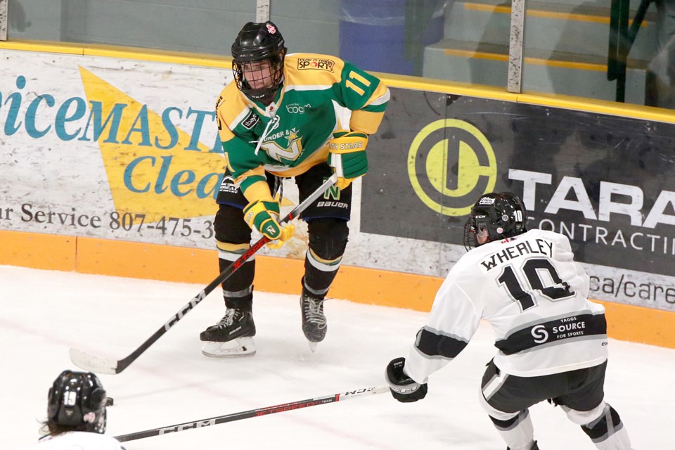 Thunder Bay North Stars forward Tyler Jordan had three goals and an assist on Saturday, Oct. 21, 2023, leading his team to a 5-2 SIJHL win over the visiting Fort Frances Lakers at Fort William Gardens. (Leith Dunick, tbnewswatch.com)