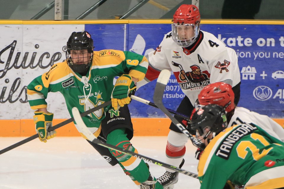 Thunder Bay's Connor Larrett had a goal and an assist to help lead the North Stars past Ryan Kayser and the Wisconsin Lumberjacks 7-4 on Tuesday, Feb. 13, 2024 at Fort William Gardens. (Leith Dunick, tbnewswatch.com)