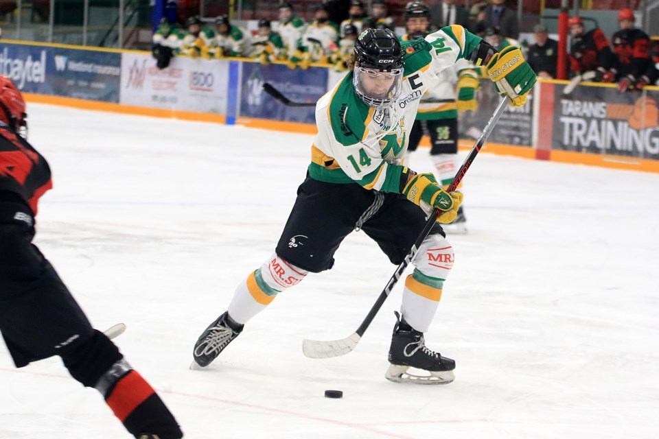 North Stars captain Edison Weeks had a goal and three assists on Saturday, March 23, 2024 against the Wisconsin Lumberjacks in Game 2 of their opening round SIJHL playoff series at Fort William Gardens. (Leith Dunick, tbnewswatch.com)