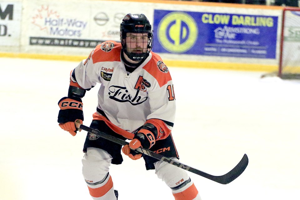 Brodie McLeod scored the game-winner on Thursday, April 24, 2025, in Kam River's 2-0 win over the Dryden Ice Dogs in Game 4 of their best-of-seven SIJHL final at the Norwest Arena. (Leith Dunick, tbnewswatch.com)