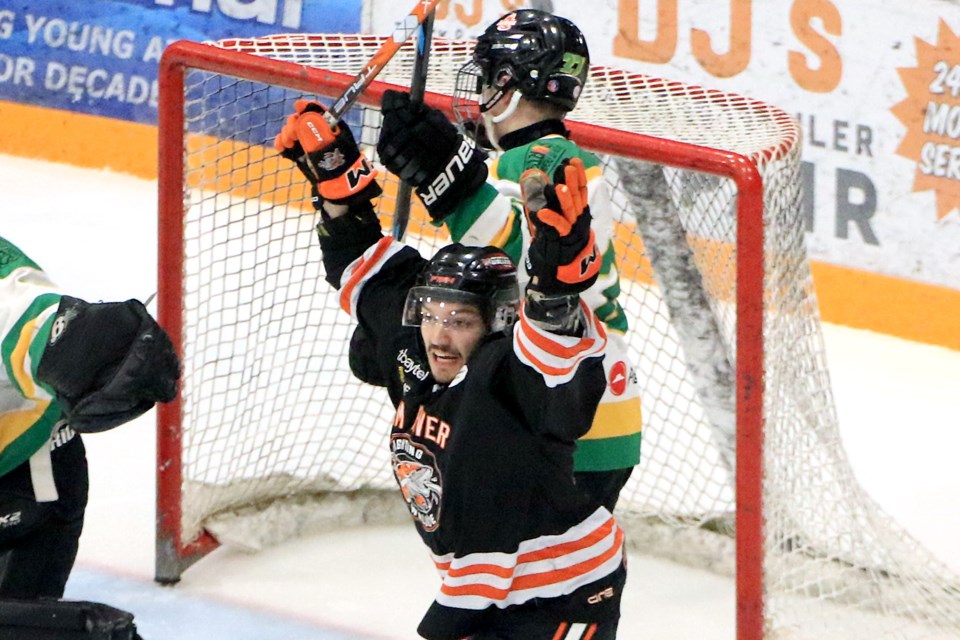 Jacob Lamoureux, the overtime hero in Game 2, celebrates Kaden Goodwin's overtime winner in Game 3, the Kam River Fighting Walleye edging the Thunder Bay North Stars 2-1 on Tuesday, April 8, 2025. (Leith Dunick, tbnewswatch.com)
