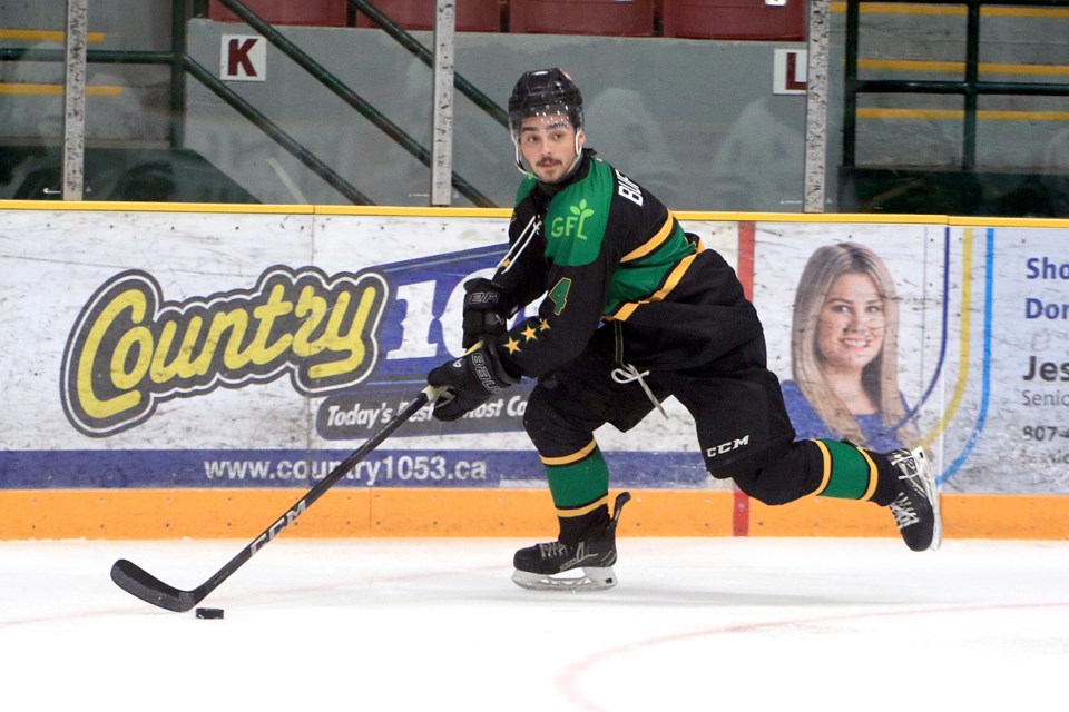 Thunder Bay's Max Buffone moves the puck in Game 7 against the Fort Frances Lakers on Tuesday, April 1, 2025 at Fort William Gardens. (Leith Dunick, tbnewswatch.com)