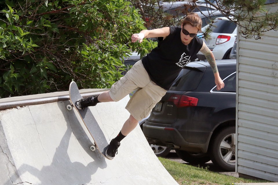 Vanessa Bowles skateboards at Marina Park on Thursday, Aug. 1, 2019. (Leith Dunick, tbnewswatch.com)