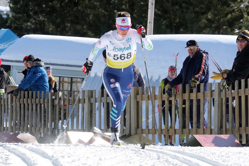 Katherine Stewart-Jones of the National Team Development Centre-Thunder Bay squad took the silver medal in the senior women's five-kilometre classic race at the 2018 Ski Nationals on Sunday, March 11, 2018 at Lappe Nordic Ski Centre. (Leith Dunick, tbnewswatch.com)