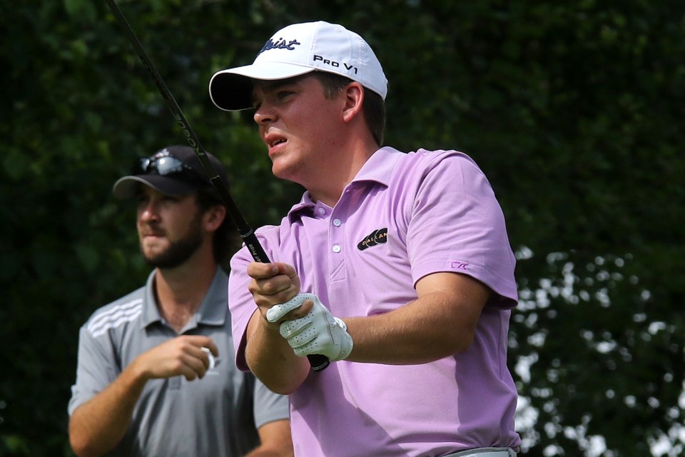 Evan DeGrazia of Thunder Bay tees off on the 10th hole on Thursday, July 12, 2018 at the Staal Foundation Open at Whitewater Golf Club. (Leith Dunick, tbnewswatch.com)