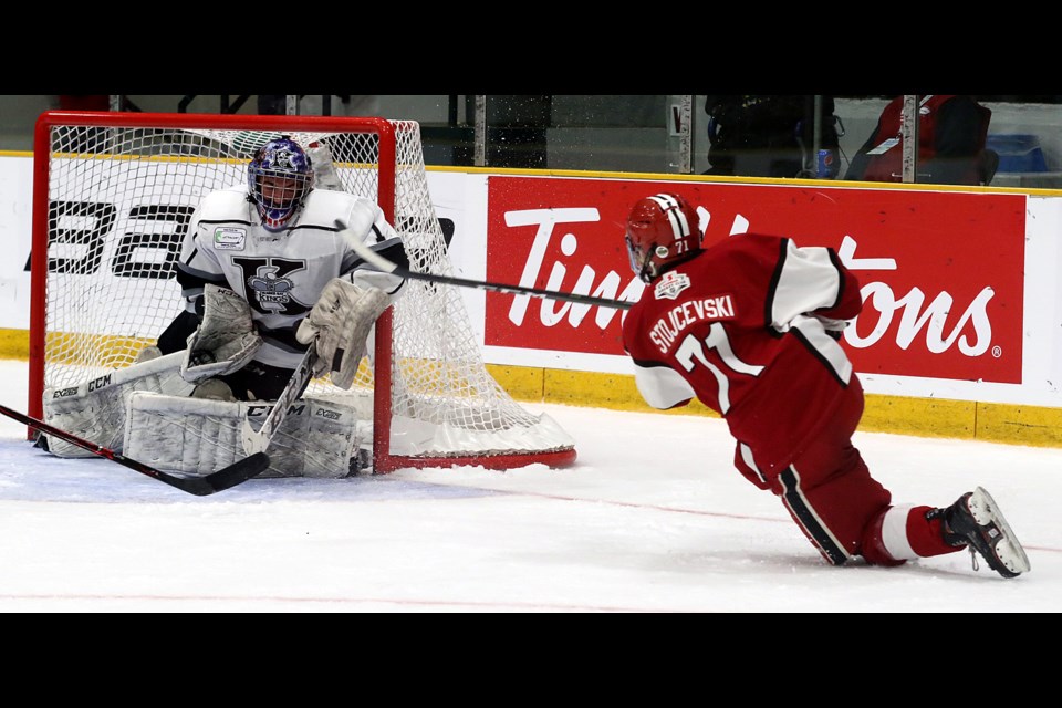 Thunder Bay Kings goalie Jordan Smith makes the stop on Toronto's Peter Stojcevski on Wednesday, April 24, 2019 at the TELUS Cup. (Leith Dunick, tbnewswatch.com)