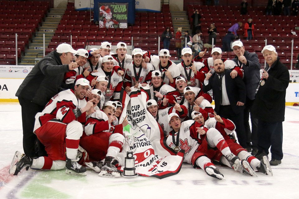 The Toronto Young Nationals captured their second TELUS Cup trophy on Sunday, April 28, 2019, edging Magog 2-1 in double overtime, (Leith Dunick, tbnewswatch.com)