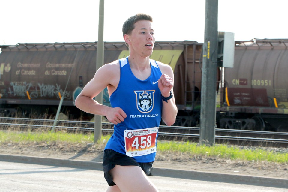Lakehead's Andrew Lehman set a blistering pace on Monday, May 22, 2023, to easily win the Firefighters Ten Mile Road race in a time of 52:06.9. (Leith Dunick, tbnewswatch.com)
