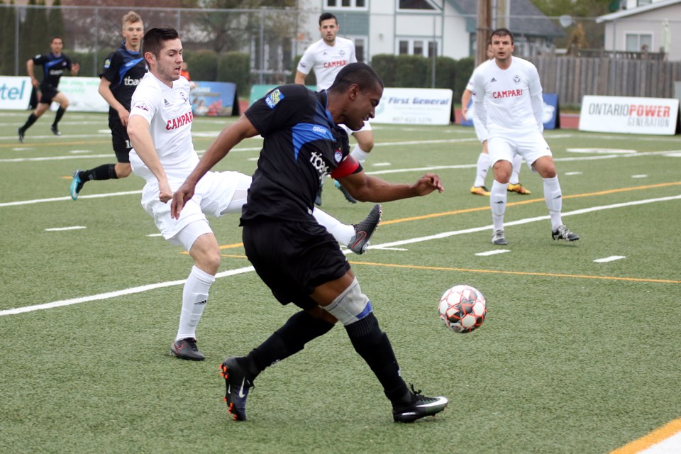 Thunder Bay Chill striker Sullivan Silva takes a shot on goal against the Winnipeg Lions on Saturday, May 26, 2018 at Fort William Stadium. (Leith Dunick, tbnewswatch.com)