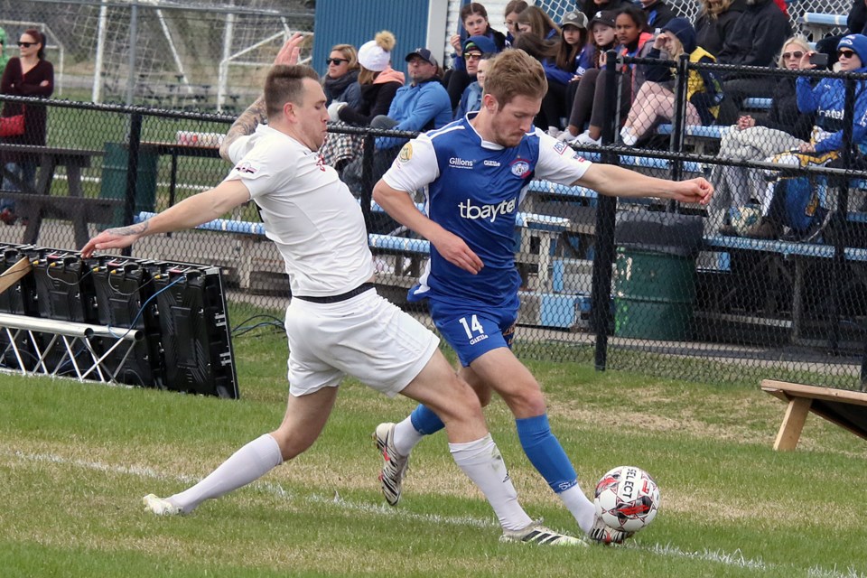 Thunder Bay's Devan Jorgenson scored his first goal as a member of the Thunder Bay Chill's USL 2 club on Sunday, May 22, 2022, the goal coming against the Winnipeg Lions at Chapples Park. (Leith Dunick, tbnewswatch.com)