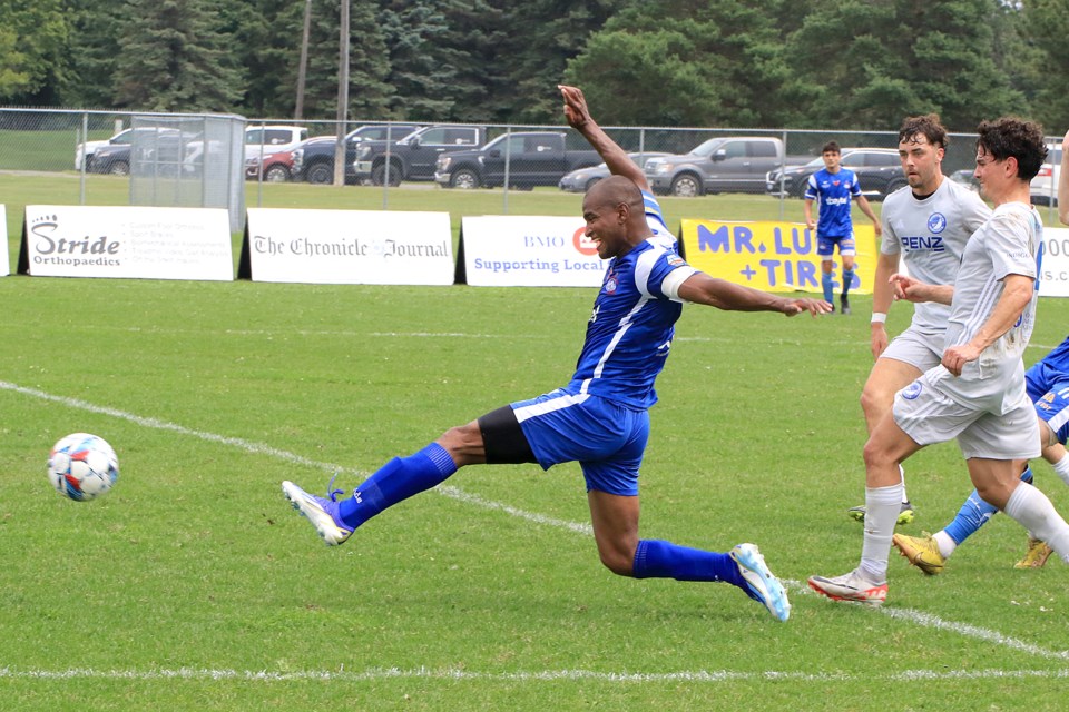 The Chill's Sullivan Silva can't quite catch up with a ball deep in the Rochester FC zone, on Sunday, July 7, 2024. (Leith Dunick, tbnewswatch.com)