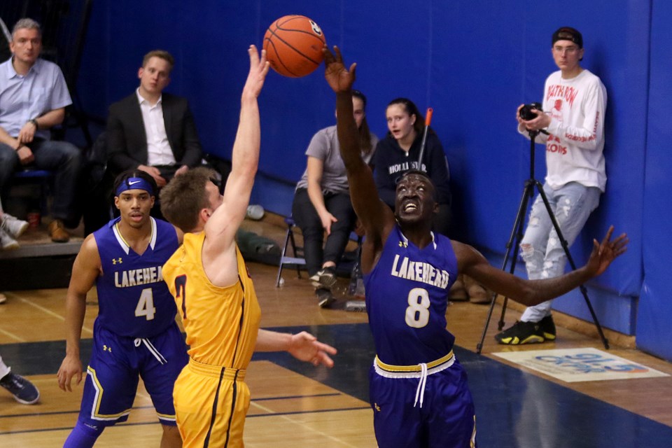 Lakehead's Lock Lam on Saturday, Feb. 15, 2020 blocks his 122nd shot in a Lakehead uniform, tying Yoosrie Sahlia's all-time school record. Lam would block eight more in the game and stands alone in the LU record books. 