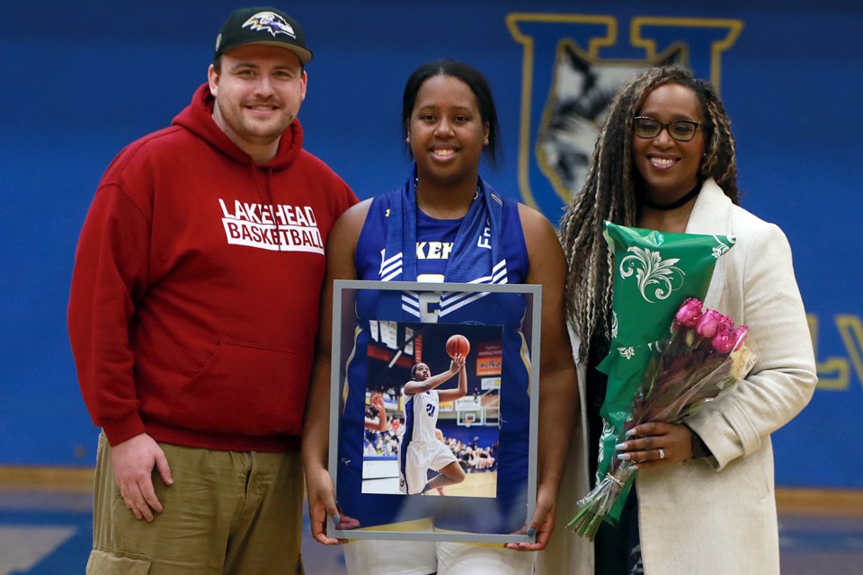 Lakehead's August Ricketts was honoured on Saturday, Feb. 18, 2023 as a graduating Thunderwolves senior. (Leith Dunick, tbnewswatch.com)