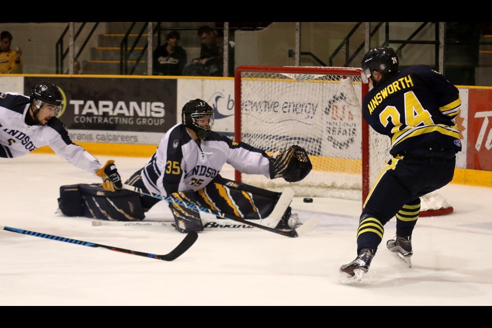 Lakehead forward Kelin AInsworth fires the puck past Windsor Lancers goalie Kris Joyce in the first period of play at Fort William Gardens on Saturday, Oct. 16, 2016 (Leith Dunick, tbnewswatch.com). 