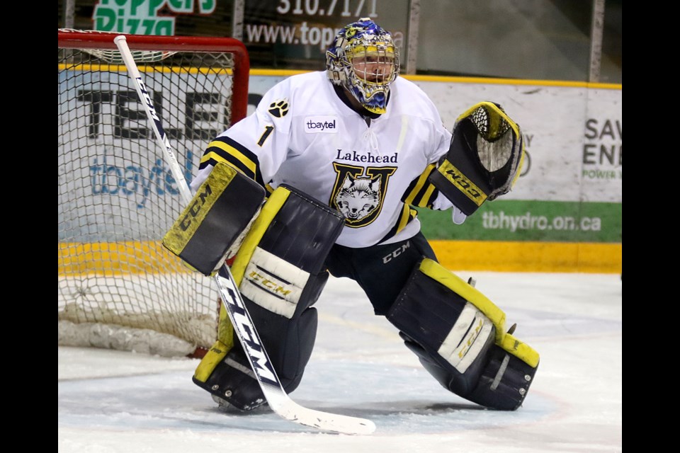 Lakehead goaltender Justin McDonald on Saturday, Feb. 10, 2018 at Fort William Gardens. (Leith Dunick, tbnewswatch.com). 