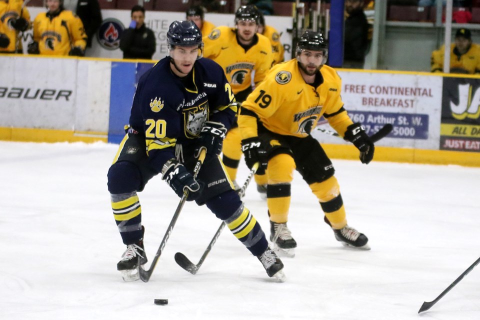 Lakehead's Jordan King (left) and Waterloo's Cole Murphy battle for the puck on Saturday, Jan. 5, 2019 at Fort William Gardens. (Leith Dunick, tbnewswatch.com)