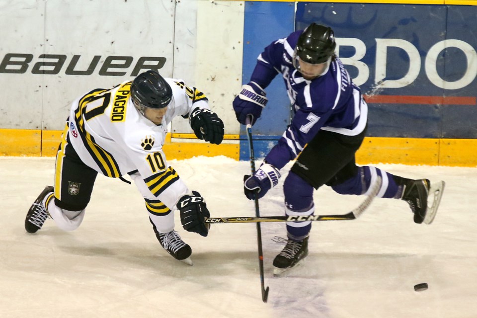 Lakehead's Daniel Del Paggio (left) attempts to strip the puck from Western's Mitchell Fitzmorris on Friday, Oct. 12, 2018 at Fort William Gardens. (Leith Dunick, tbnewswatch.com)