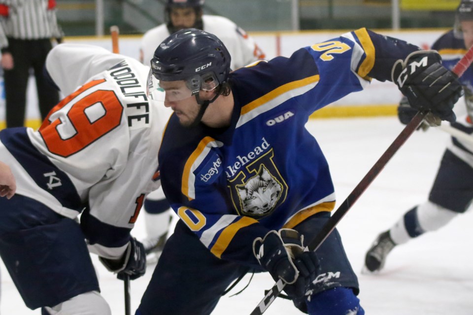 Jordan King scored twice on Saturday, Oct. 23, 2021 to help lead Lakehead past Northland College. (Leith Dunick, tbnewswatch.com)