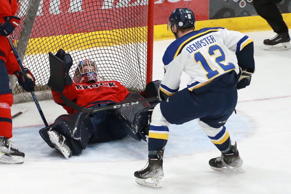 Lakehead's Geoff Dempster with a chance on Brock goaltender Mario Peccia on Saturday, Nov. 12, 2022 at Fort William Gardens. (Leith Dunick, tbnewswatch.com)