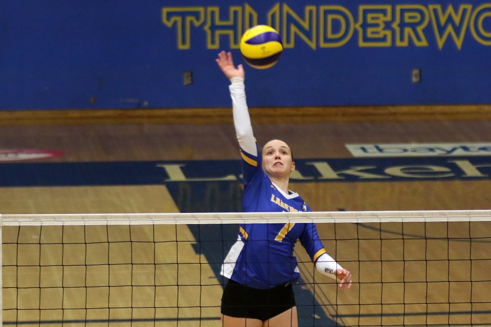 Lakehead's Rachel Sweezey goes up for a hit on Sunday, Feb. 16, 2020. (Leith Dunick, tbnewswatch.com)
