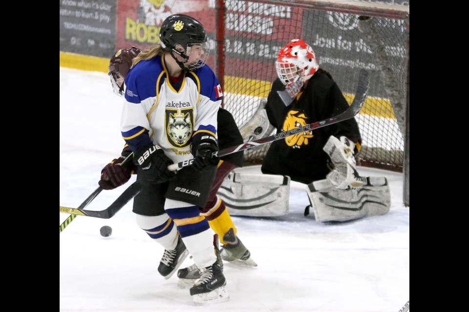 Lakehead's Kalie Veryheyen searches for the puck on Sunday, Jan. 27, 2019, standing in front of Minnesota-Duluth goaltender Lauren Schommer, at Port Arthur Arena (Leith Dunick, tnewswatch.com)