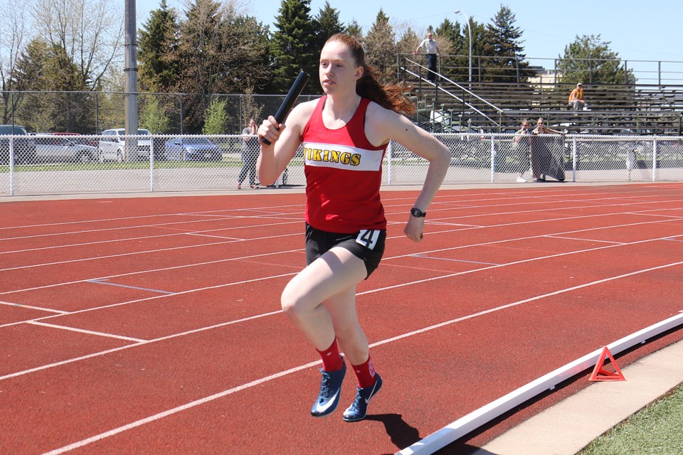 Hammarskjold's Amy Stieh anchors the Vikings 4x400-metre relay team on Wednesday, May 29, 2019. (Leith Dunick, tbnewswatch.com)