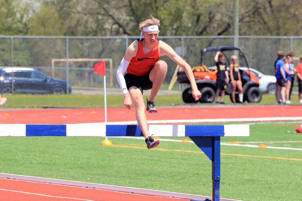 Westgate's Tristan Jaspers won the senior boys' 2,000-metre steeplechase event to kick off the NWOSSAA track and field championships on Tuesday, May 27, 2025 at Fort William Stadium. (Leith Dunick, tbnewswatch.com)