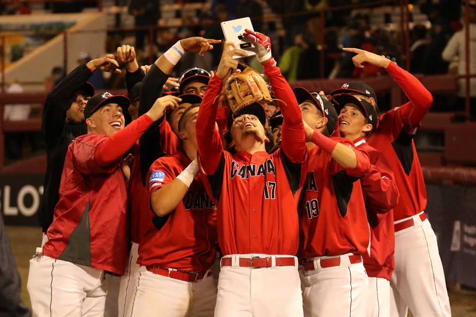 Team Canada's Edouard Julien (17) takes a celebratory selfie with his team after beating Australia 8-2 on Tuesday, Sept. 5, 2017 (Leith Dunick, tbnewswatch.com). 