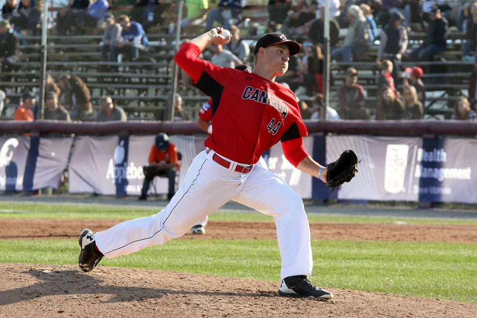 Michael Stovman went eight strong for Canada against Cuba on Saturday, Sept. 9, 2017, allowing two runs on seven hits (Leith Dunick, tbnewswatch.com).