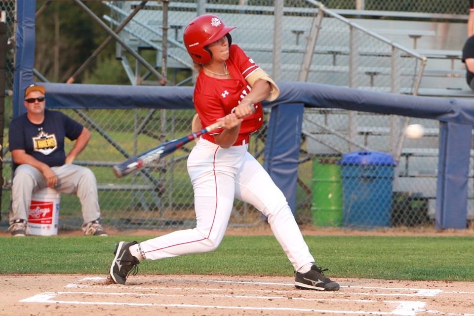 Canada's Ela Day-Bedard doubles off the Lakers Adam Tassone on Sunday, Aug. 6, 2023, in a warm-up for the 2023 Pool A WBSC Women's Baseball World Cup qualifier. (Leith Dunick, tbnewswatch.com)