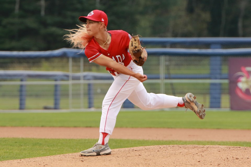 Team Canada pitcher Raine Padgham threw four innings of one-run ball on Tuesday, Aug. 8, 2023 against Team Mexico, as Canada opened the Baseball Women's World Cup Pool A qualifier with a 9-1 win at Baseball Central in Thunder Bay. (Leith Dunick, tbnewswatch.com)