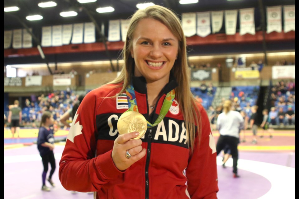 Olympic wrestling gold medalist Erica Wiebe was in Thunder Bay on Thursday, March 30, 2017 to speak to students about her story (Leith Dunick, tbnewswatch.com). 