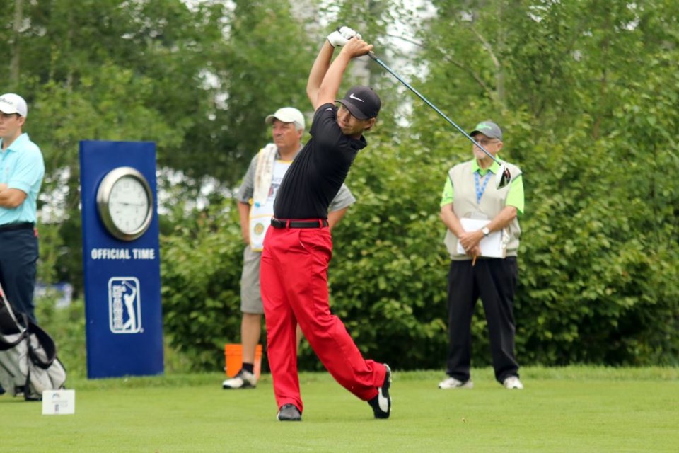 Thunder Bay's Robbie Untinen tees off Thursday on No. 10 at Whitewater Golf Club. (Leith Dunick, tbnewswatch.com)