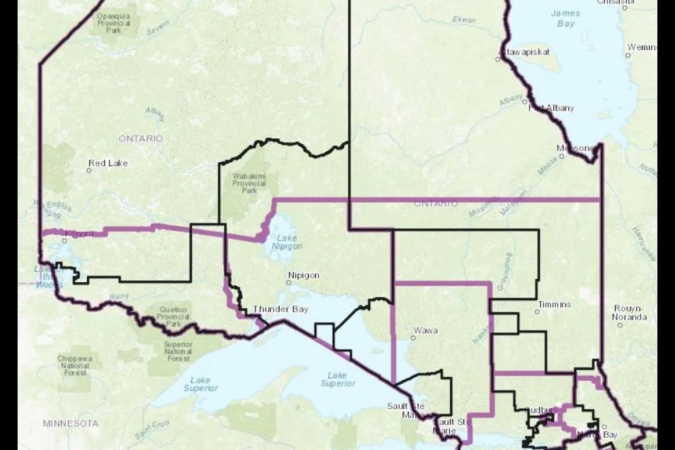 The pink lines on this map show the boundaries of proposed restructured federal ridings in Northern Ontario. (Federal Electoral Boundaries Commission for Ontario)