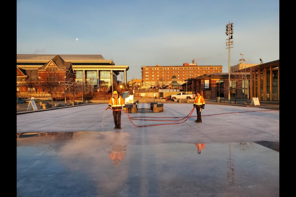 A City of Thunder Bay crew was flooding the rink at Prince Arthur's Landing on Wednesday, December 2, 2020 (TBNewswatch)