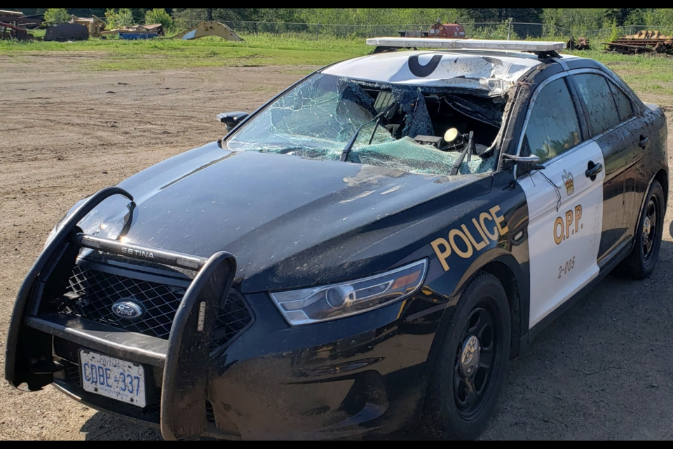 A Thunder Bay OPP officer travelling on Highway 17 in the Shabaqua collided with a moose.