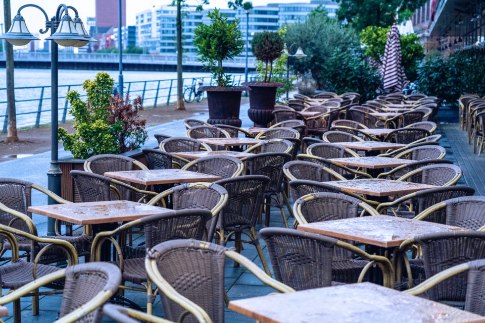 Empty,Outdoor,Cafe,With,Closed,Umbrellas.,Street,Cafe,With,Empty